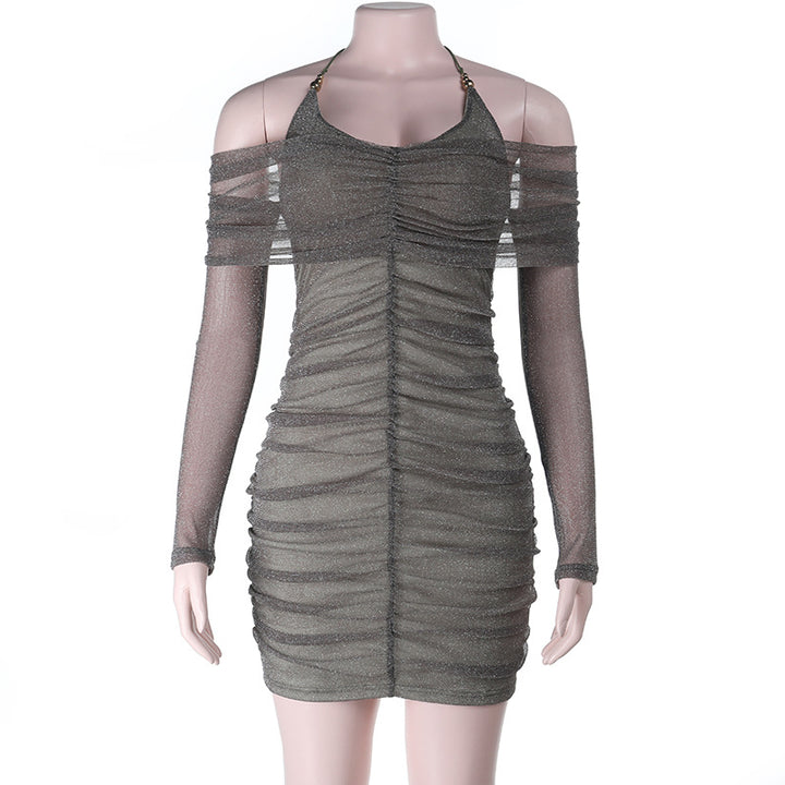 Damen figurbetontes Minikleid mit transparenten Ärmeln und Rüschendetails Drune
