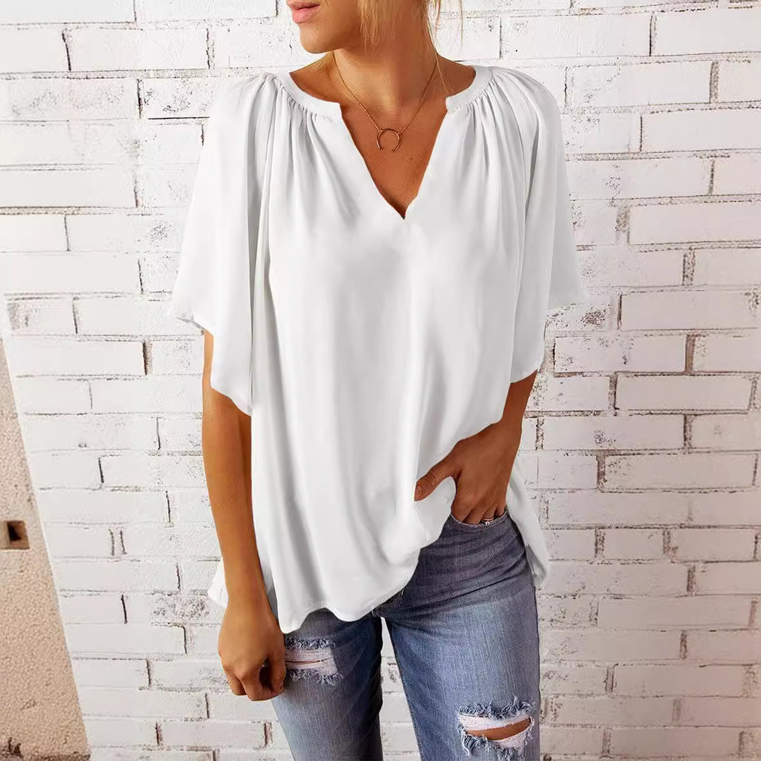 Damen luftige Bluse mit V-Ausschnitt und sanftem Faltenwurf Drune