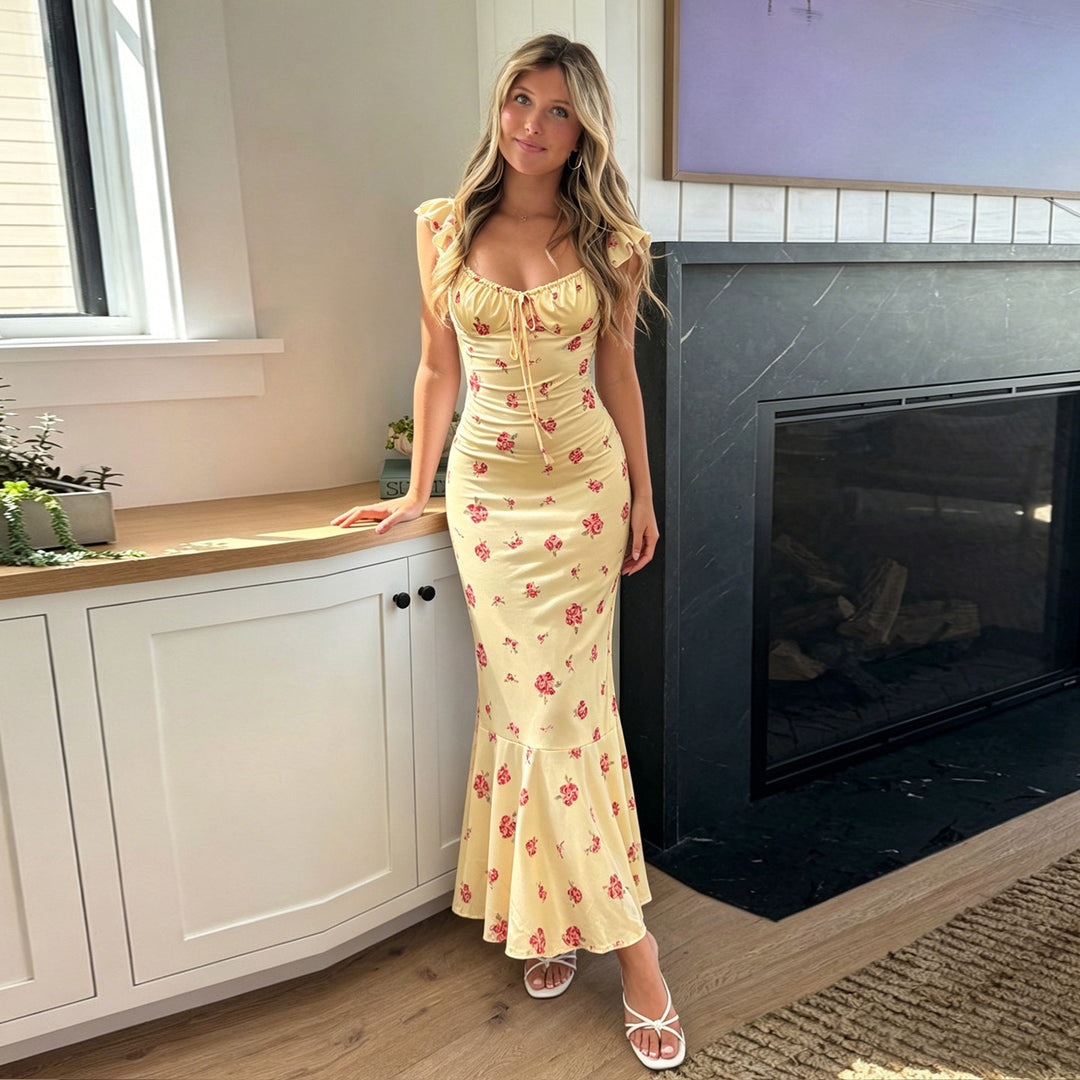 Damen Maxikleid mit Rüschensaum und floralem Muster Drune