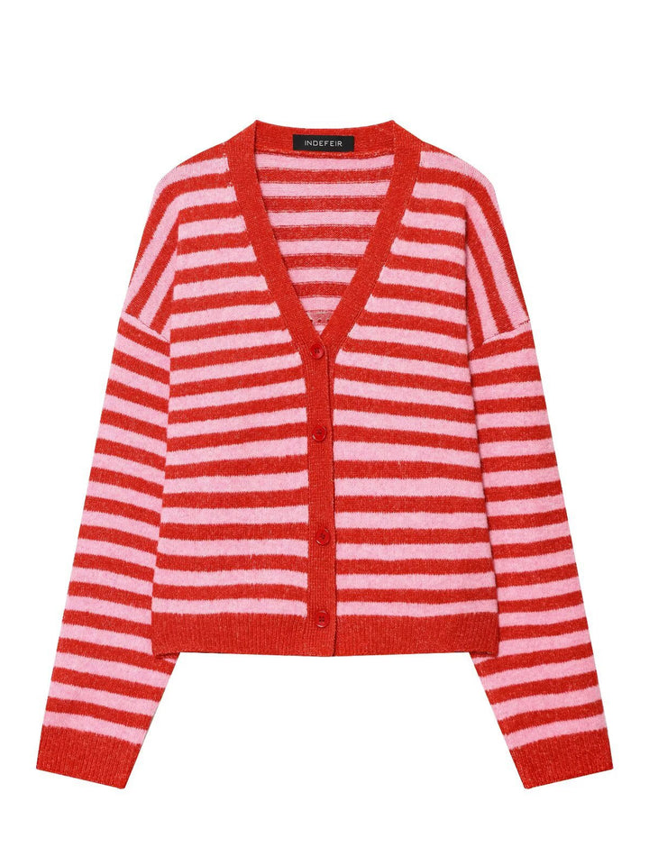 Damen modische gestreifte Strickjacke mit V-Ausschnitt und Knopfleiste Drune