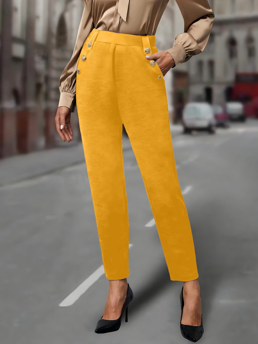 Damen elegante Anzughose mit doppeltem Knopfverschluss und schmalem Bein Drune