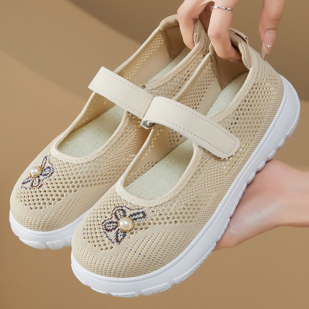 Damen nan gestrickter Mary-Jane-Sneaker mit Klettriemen, atmungsaktivem Strickoberteil, dekorativer Perlenapplikation und dämpfender EVA-Sohle Drune