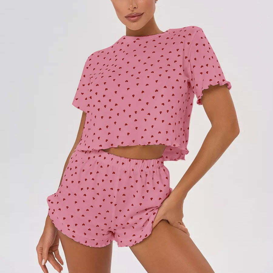 Damen Pyjama-Set mit verspieltem Herzmotiv und elastischem Bund Drune