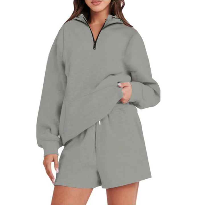 Damen Lässiger Kapuzenpullover mit kurzem Reißverschluss und praktischen Taschen Drune