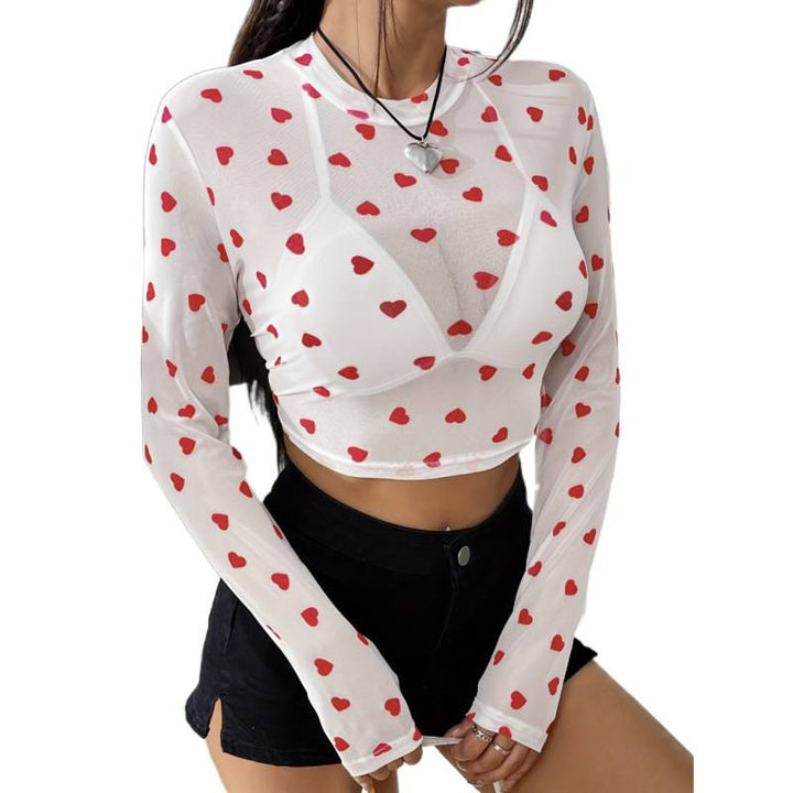 Damen Langärmliges Crop-Top mit Herzmuster und transparenter Anmutung Drune