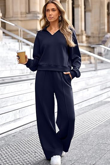Damen lässiges Freizeit-Set mit V-Ausschnitt und weitem Schnitt Drune