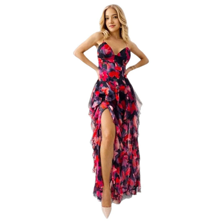 Damen Fließendes Chiffon Maxikleid mit Rüschendetails und floralen Akzenten Drune