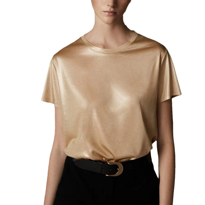 Damen Elegantes glänzendes T-Shirt mit Rundhalsausschnitt und lockerer Passform Drune