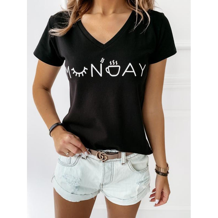 Damen T-Shirt mit kreativem Schriftzug und lässigem V-Ausschnitt Drune