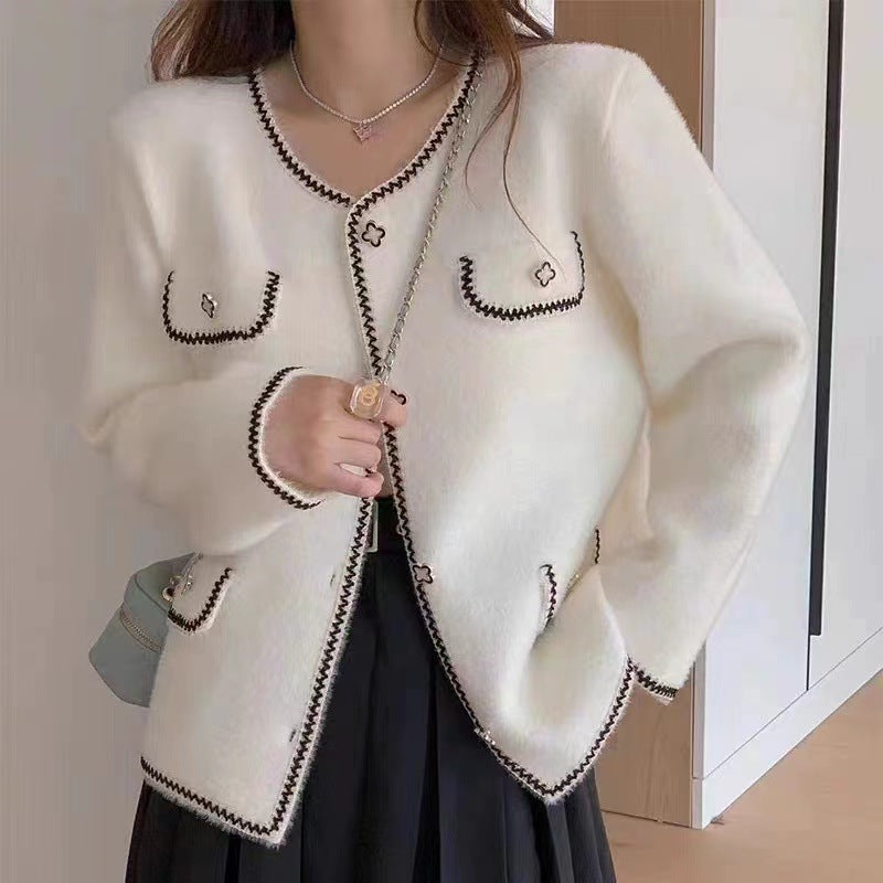 Damen elegante Strickjacke mit Kontrastnähten und Taschen Drune