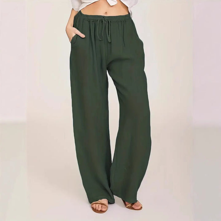 Damen Weite Leinenhose mit elastischem Taillenbund und seitlichen Eingrifftaschen Drune