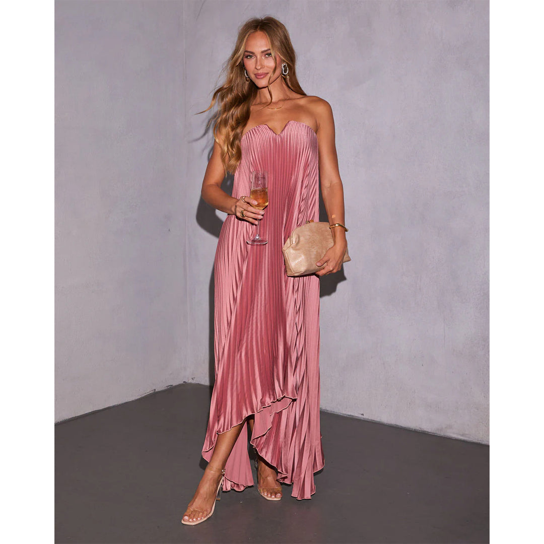 Damen Maxikleid mit plissiertem Oberteil und elegantem V-Ausschnitt Drune