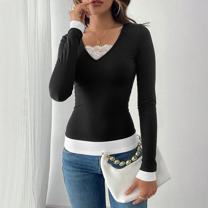 Damen V-Ausschnitt Langarmshirt mit modischem Untertop Drune