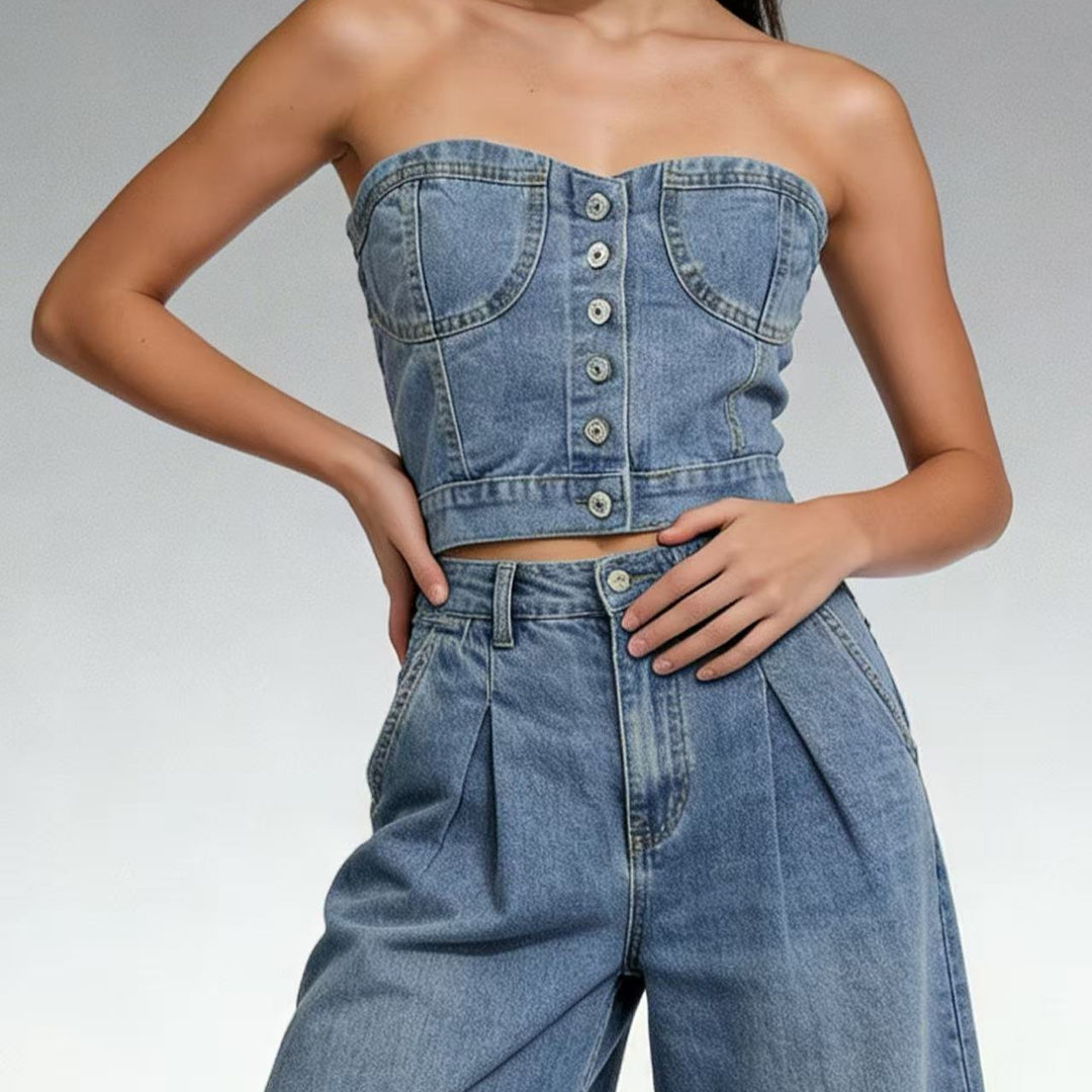Damen Denim Bustier-Oberteil mit Knopfdetails und tailliertem Schnitt Drune