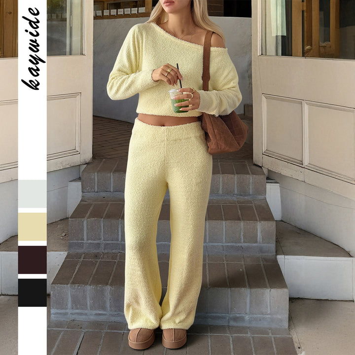 Damen nan kuscheliges Bouclé-Lounge-Set mit One-Shoulder-Crop-Pullover und Highwaist Palazzo-Hose Drune