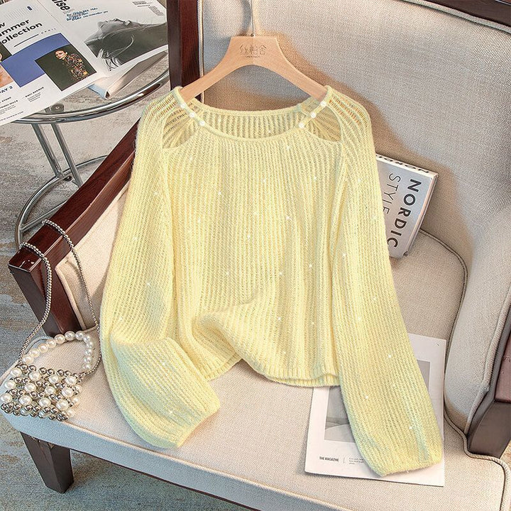 Damen lässiger Pullover mit Off-Shoulder Design und funkelnden Details Drune