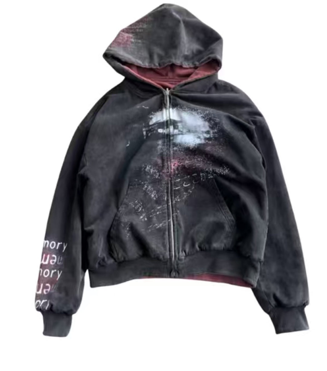 Unisex nan Kapuzenjacke mit durchgehendem Reißverschluss, Used‑Effekt, doppellagiger Kapuze und Ärmeldruck Drune