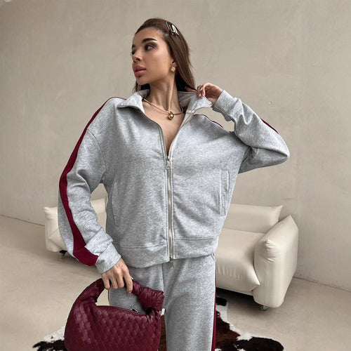 Damen sportlicher Fleece-Jogginganzug mit hohem Kragen und elastischem Bund Drune