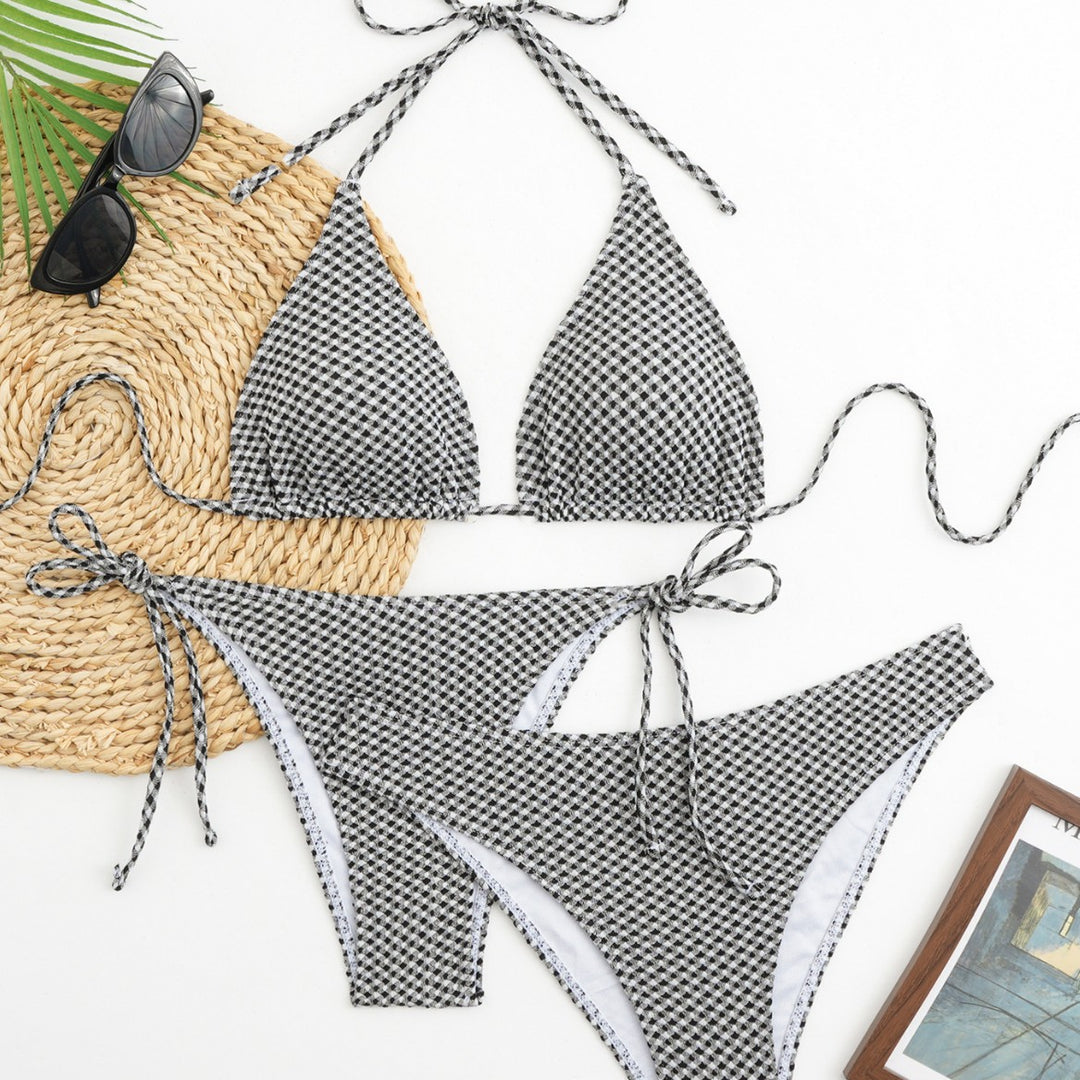 Damen Triangel-Bikini-Set mit verstellbaren Trägern und klassischem Karomuster Drune