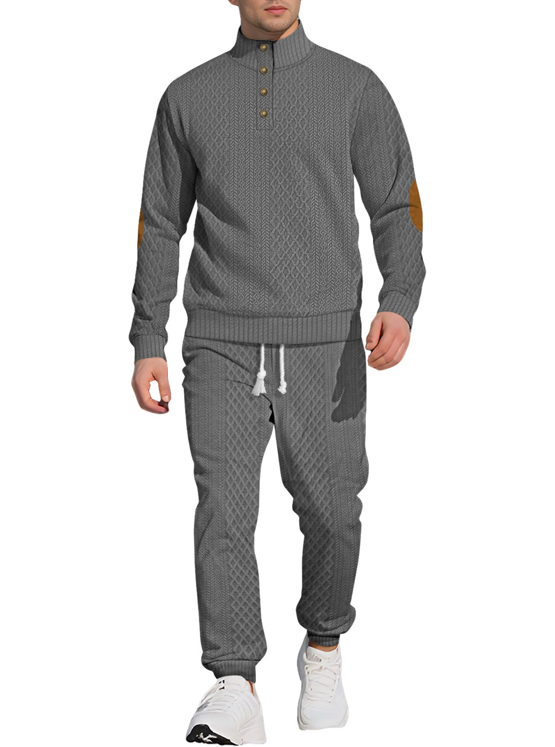 Herren nan strukturiertes Strick-Freizeitset mit Halbknopf-Stehkragen Wildleder-Ellbogenpatches und Kordelbund-Jogger Drune