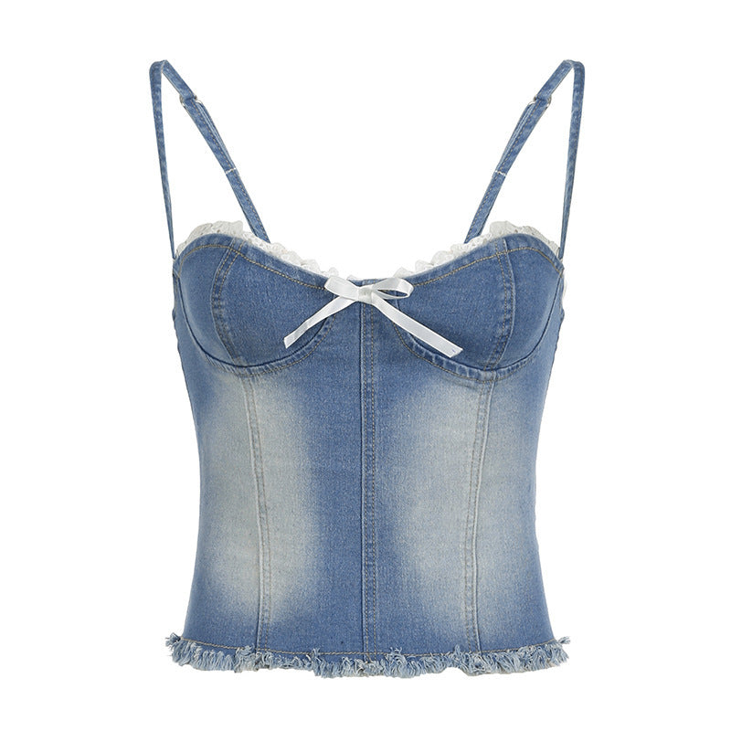 Damen Denim-Crop-Top mit Rüschendetails und zierlichem Schnürverschluss Drune