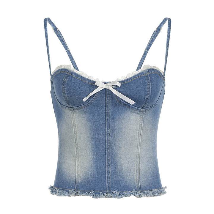 Damen Denim-Crop-Top mit Rüschendetails und zierlichem Schnürverschluss Drune