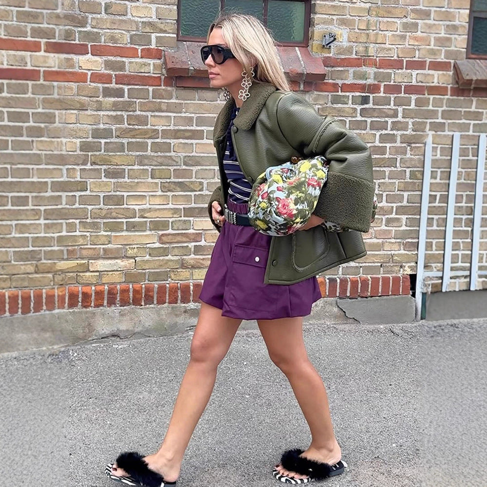 Damen Kunstlederjacke mit flauschigem Kragen und praktischen Taschen Drune