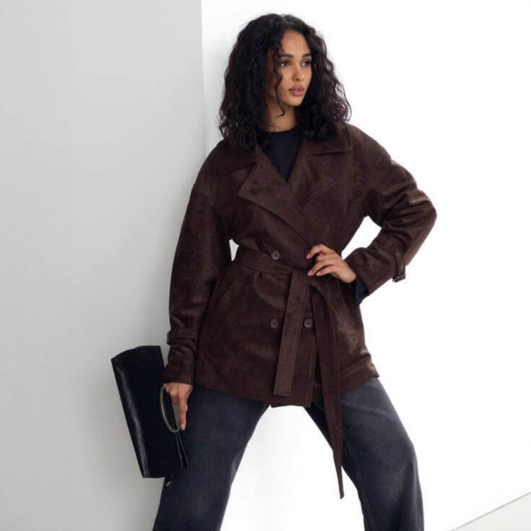Damen Modische Suede-Jacke mit Gürtel und doppelter Knopfreihe Drune