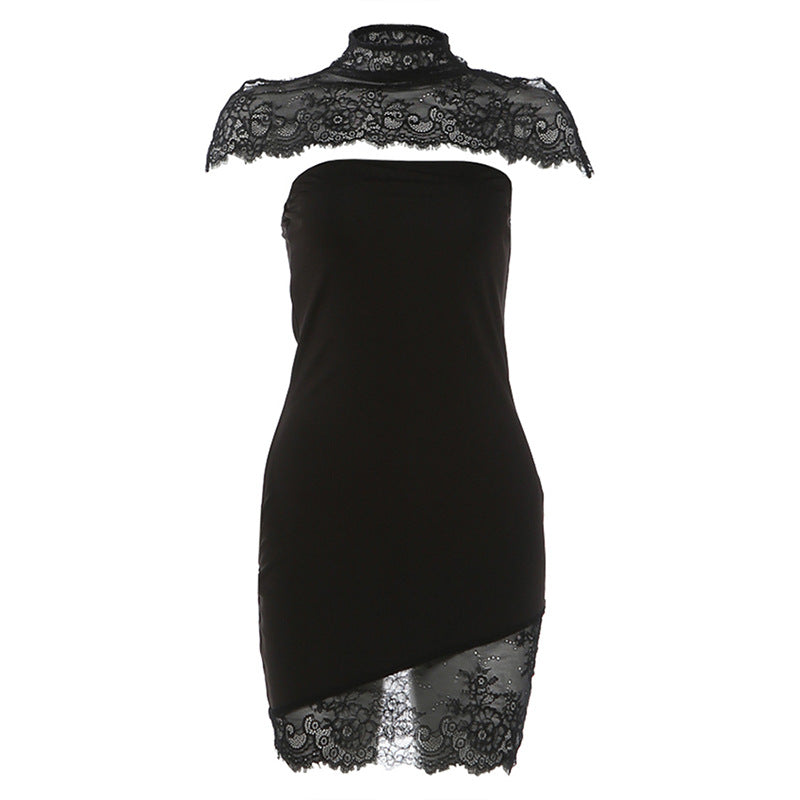 Damen Spitzen Minikleid mit elegantem Stehkragen und gerafften Details Drune