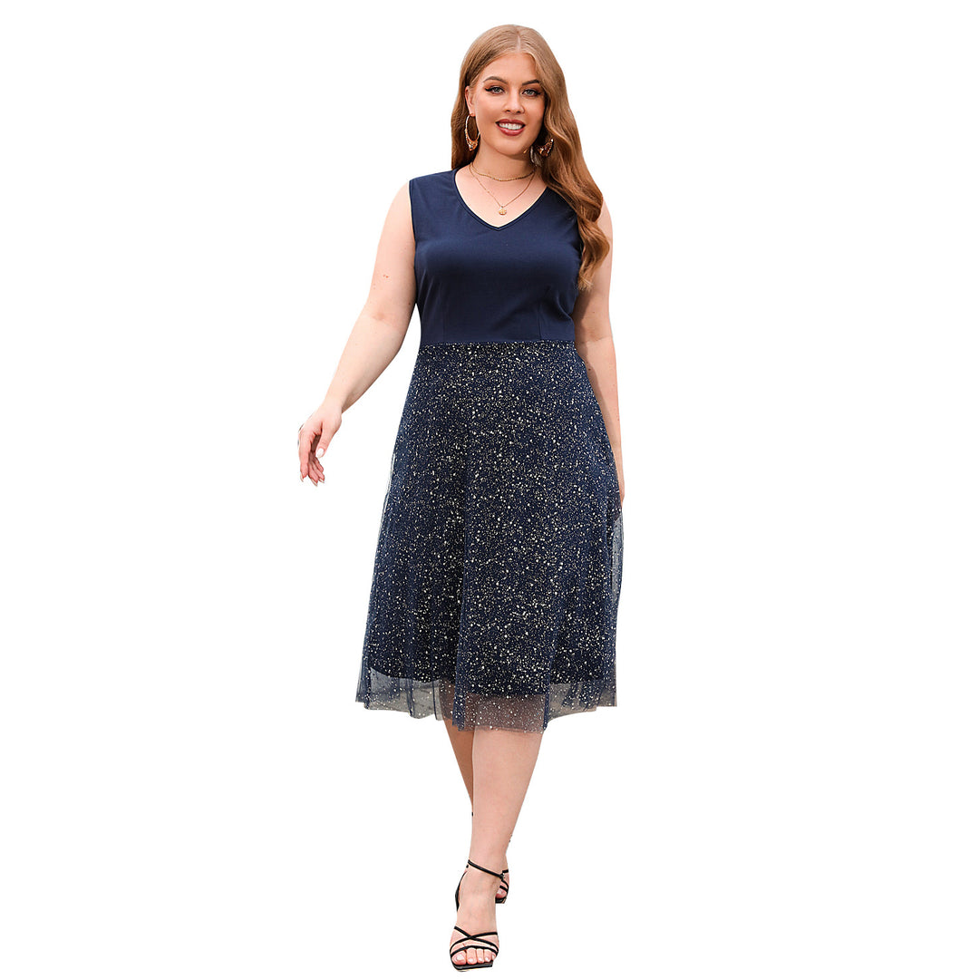 Damen Elegantes Skaterkleid mit modischem V-Ausschnitt und glitzerndem Tüll Drune