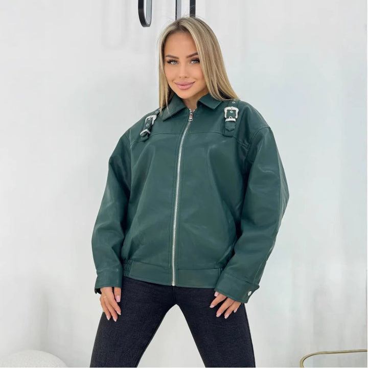 Damen modische Kunstlederjacke im lässigen Stil mit dekorativen Details Drune