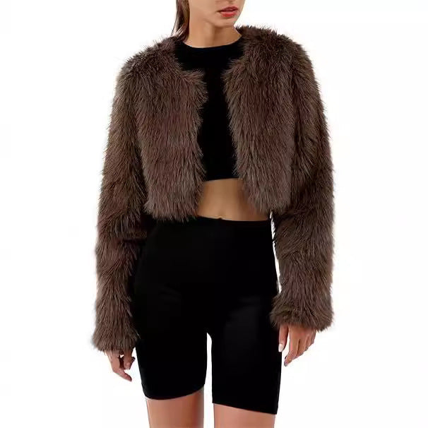 Damen Kurze glamouröse Kunstfelljacke mit lockeren Ärmeln Drune