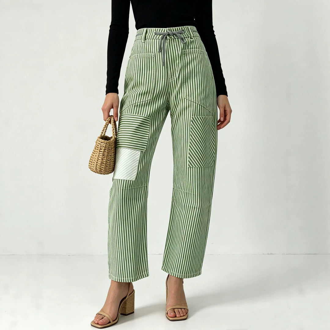 Damen nan High‑Waist Relaxed‑Hose mit vertikalem Streifenmuster, aufgesetzten Knie‑Patches und Kordelzug Drune