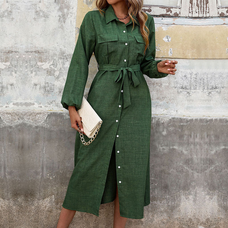 Damen Langarm Hemdblusenkleid mit taillierbarem Bindegürtel und schickem Schlitz Drune