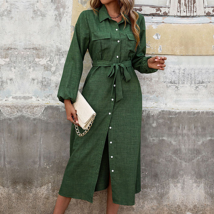 Damen Langarm Hemdblusenkleid mit taillierbarem Bindegürtel und schickem Schlitz Drune