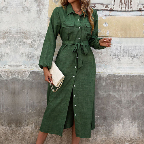Damen Langarm Hemdblusenkleid mit taillierbarem Bindegürtel und schickem Schlitz Drune