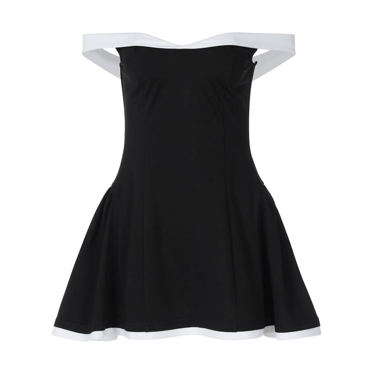 Damen Off-Shoulder Mini-Kleid mit voluminösem Rock und kontrastierenden Säumen Drune