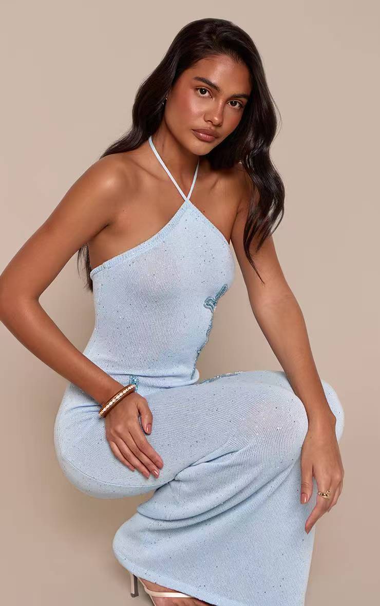 Damen elegantes Maxikleid mit schimmerndem Strickmuster Drune