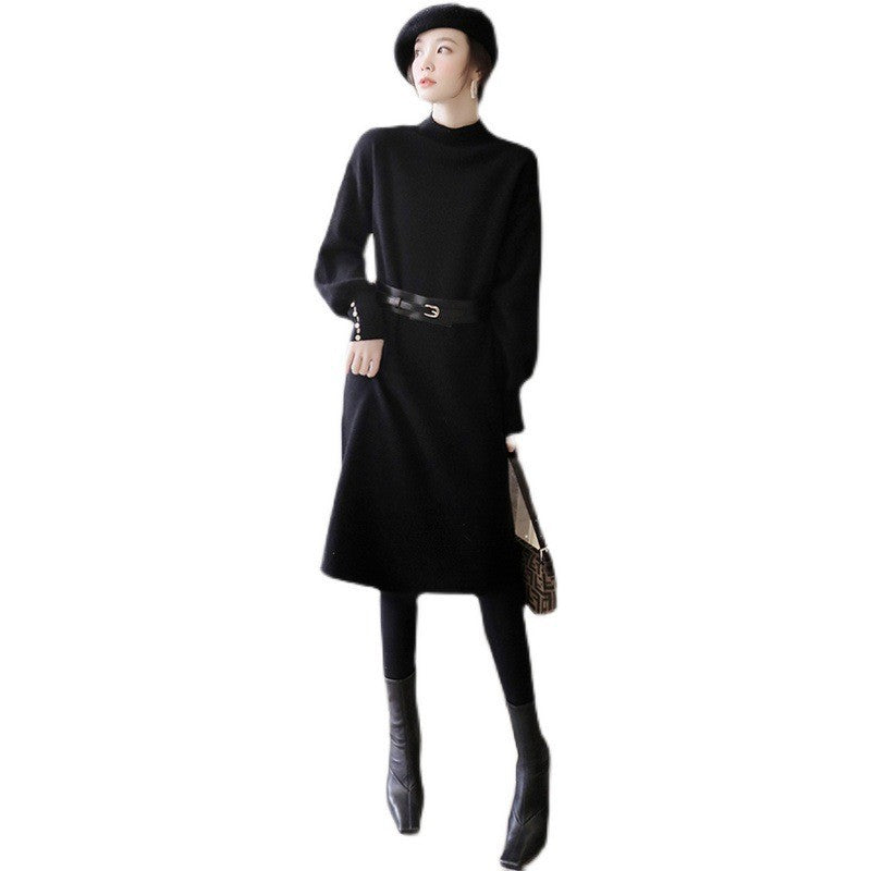Damen Strickkleid mit elegantem Stehkragen und modischen Knopfdetails Drune