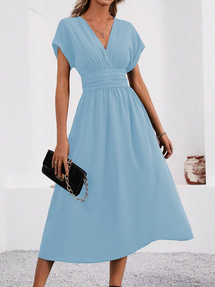 Damen Midi-Kleid mit V-Ausschnitt und breiten Trägern Drune