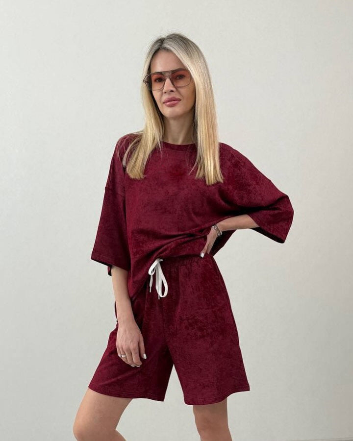 Damen lässiges Kurzarm-Set aus weichem Material mit bequemen Shorts Drune
