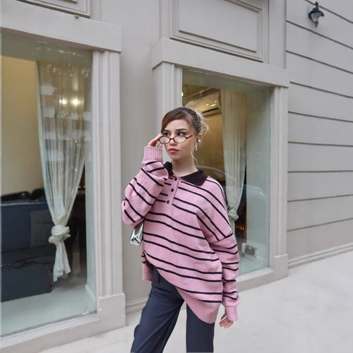 Damen Strickpullover mit Polokragen und Streifen Drune