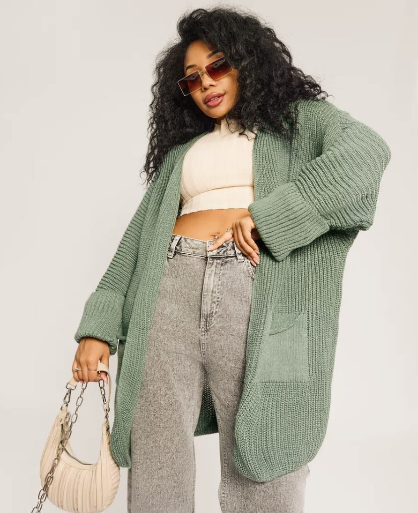Drune | Strickjacke Übergröße Passform Gestrickte Wollmischung Rippstrickärmel Offene Vorderseite