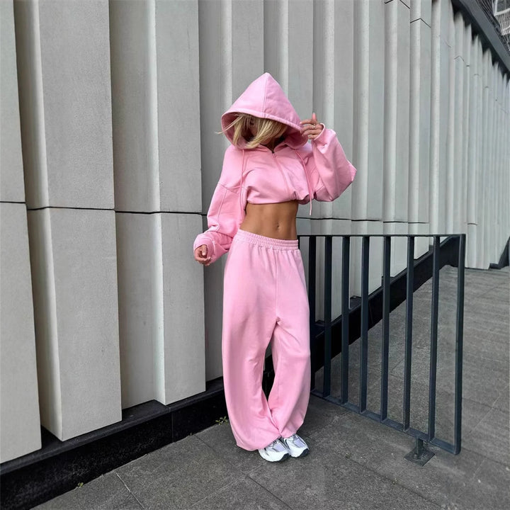 Damen nan kurz geschnittenes Zip-Hoodie und Highwaist Sweathose Lounge-Set mit Kapuze Drune