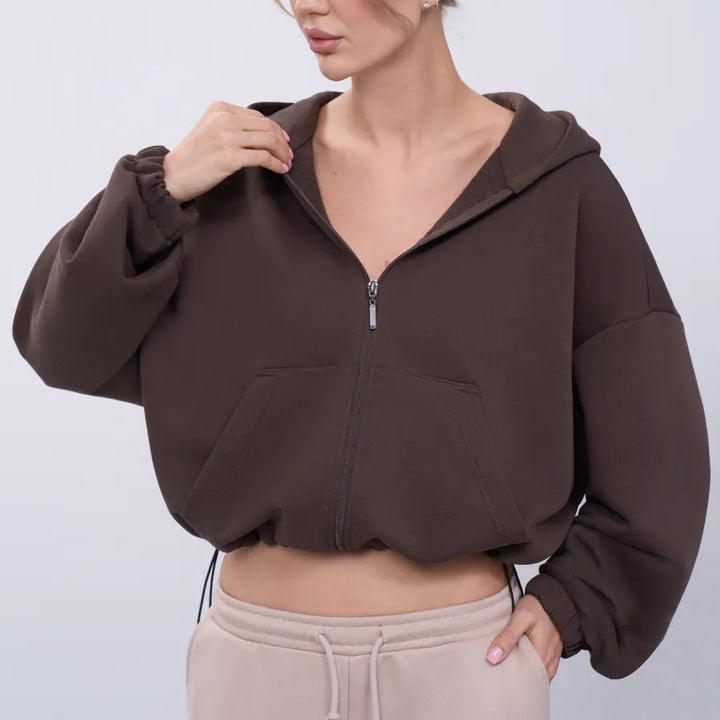 Damen Cropped Kapuzenjacke mit Reißverschluss und übergroßen Ärmeln Drune