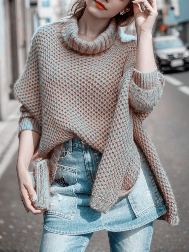 Damen lässiger Strickpullover mit hohem Kragen und strukturiertem Design Drune