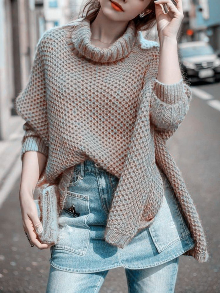 Damen lässiger Strickpullover mit hohem Kragen und strukturiertem Design Drune