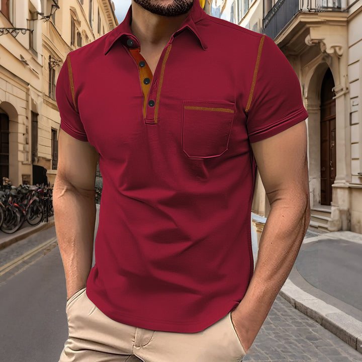 Herren nan Kurzarm-Polo mit Brusttasche, kontrastierender Steppnaht und Hemdkragen Drune