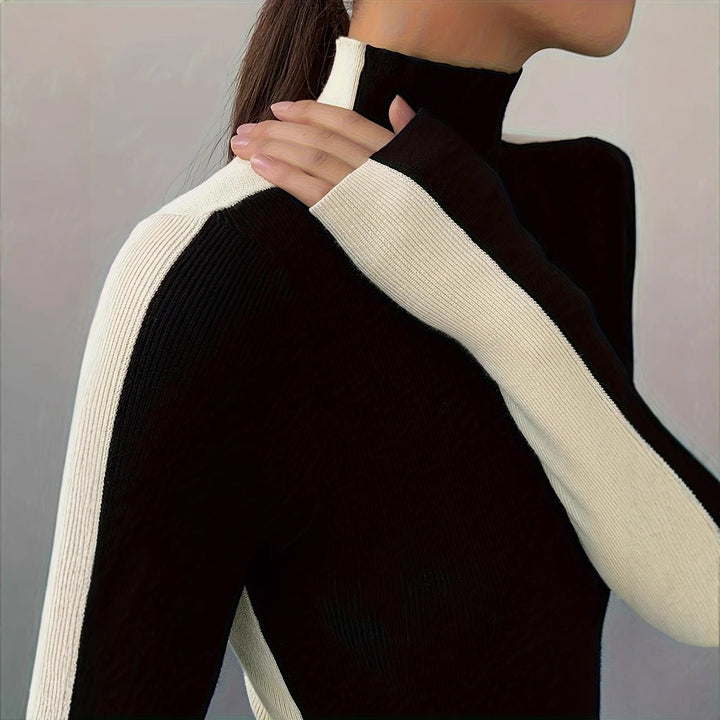 Damen Hochwertiger Rollkragenpullover mit kontrastierenden Ärmeln Drune