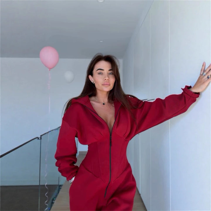 Damen Sportlicher Fleece-Jumpsuit mit hohem Kragen und trendiger Silhouette Drune